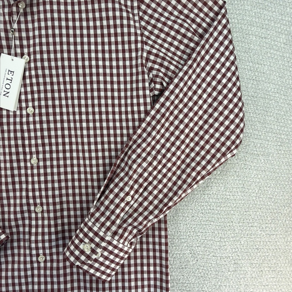Eton Shirt Mens Med 39 / 15.5 Red White Gingham Check Plaid Slim Fit Button Down - Picture 4 of 16
